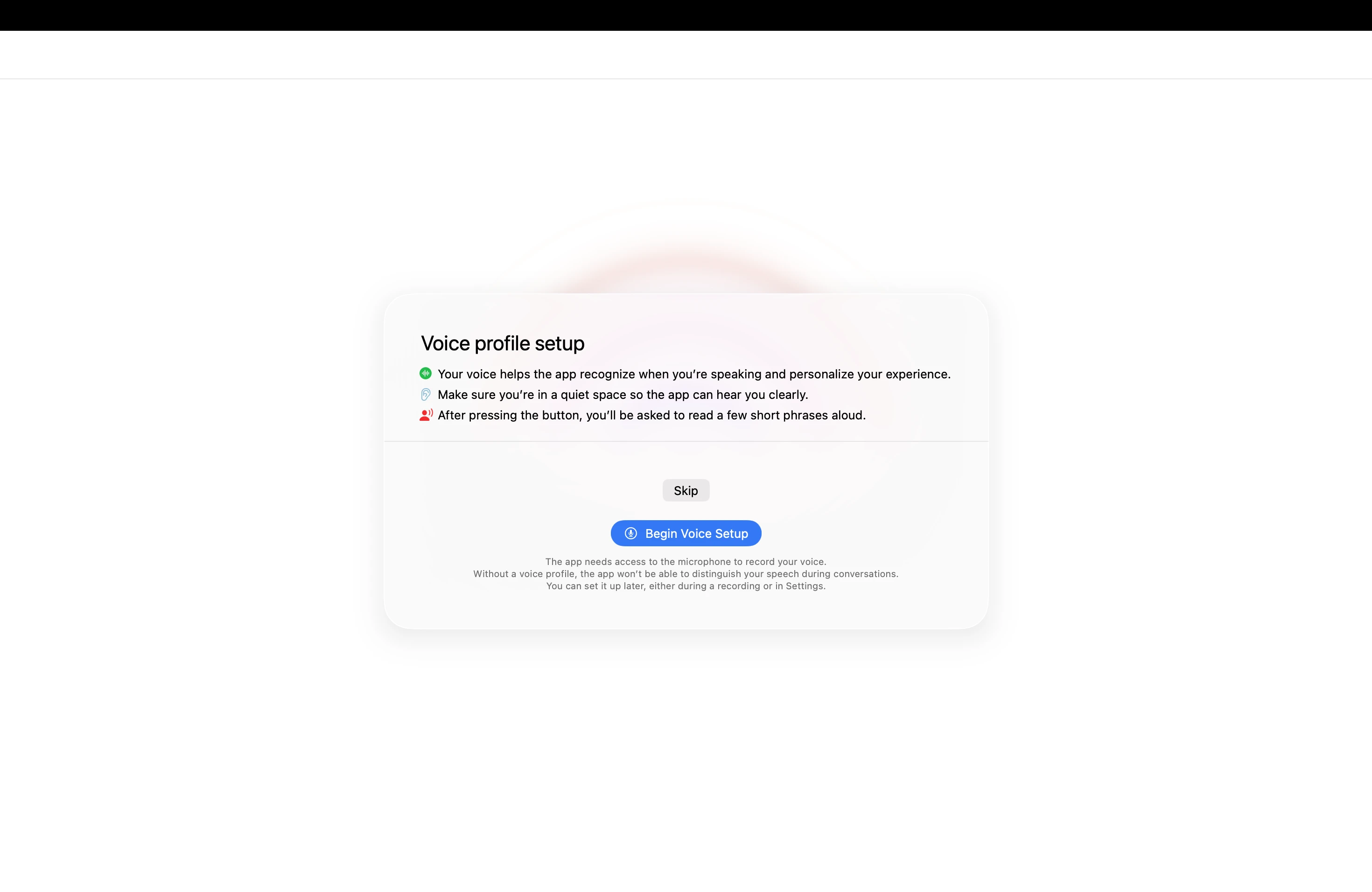 Voice profile setup screen