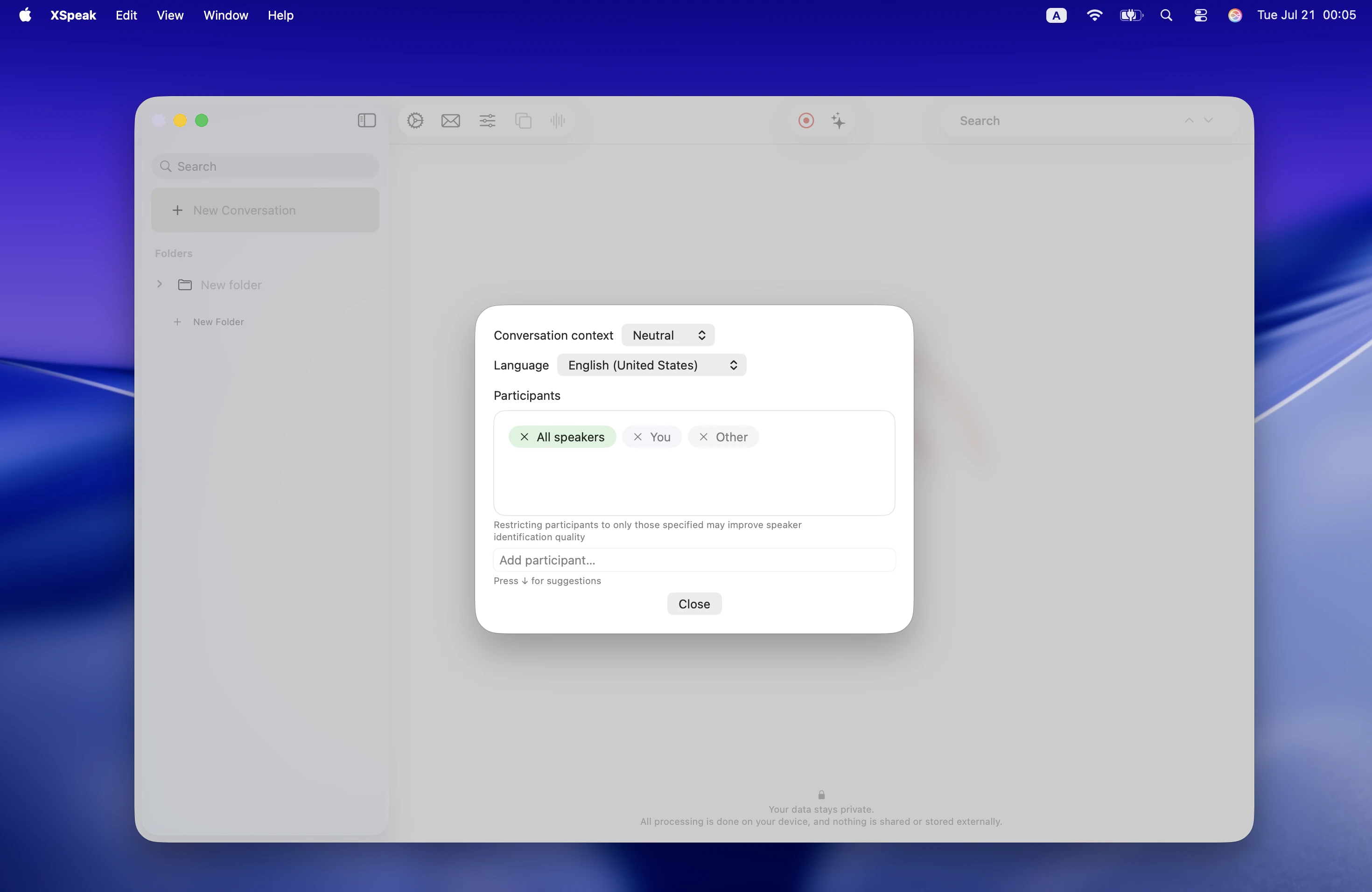 Language chooser in meeting settings