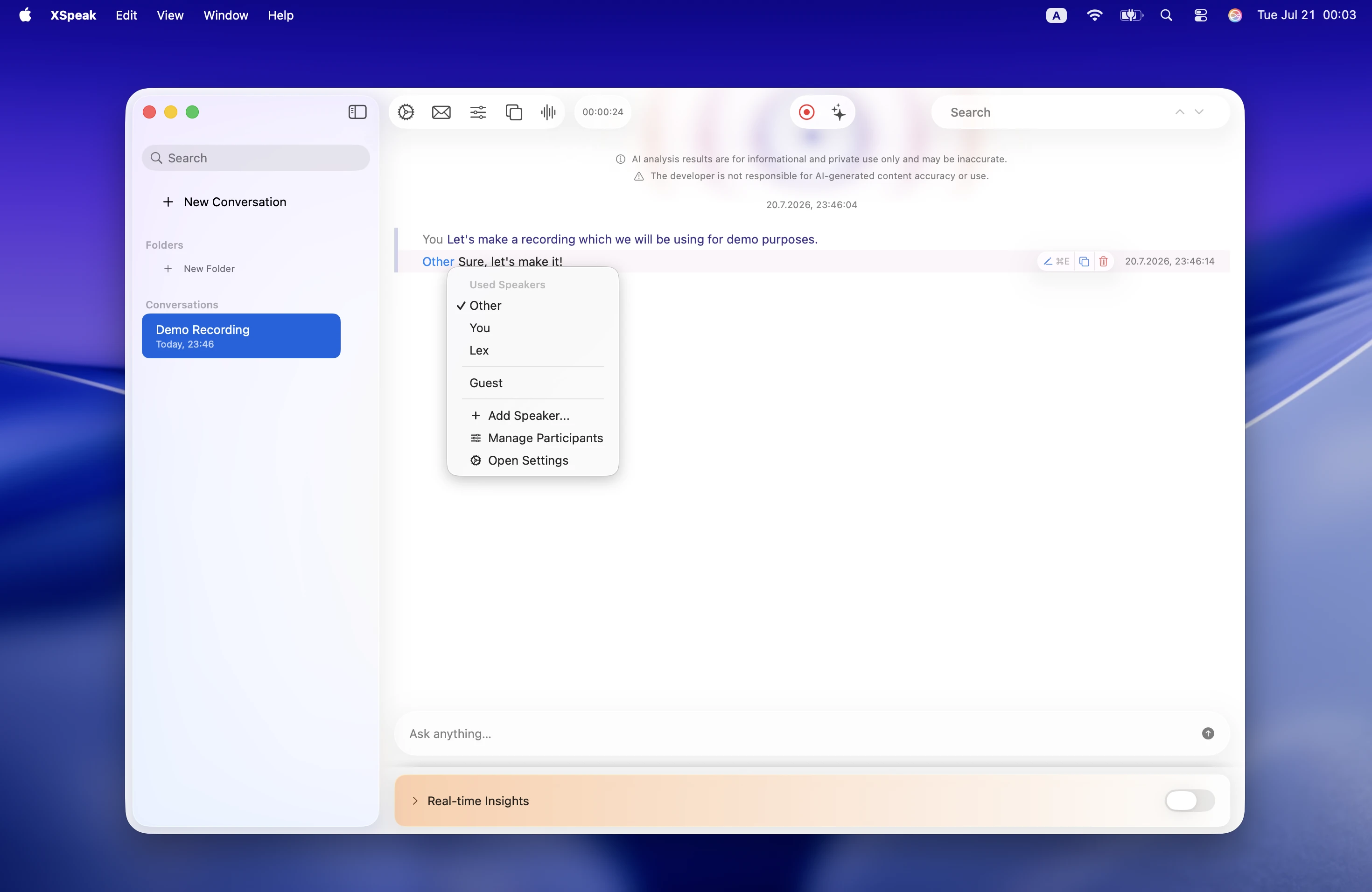 Speaker assignment popup