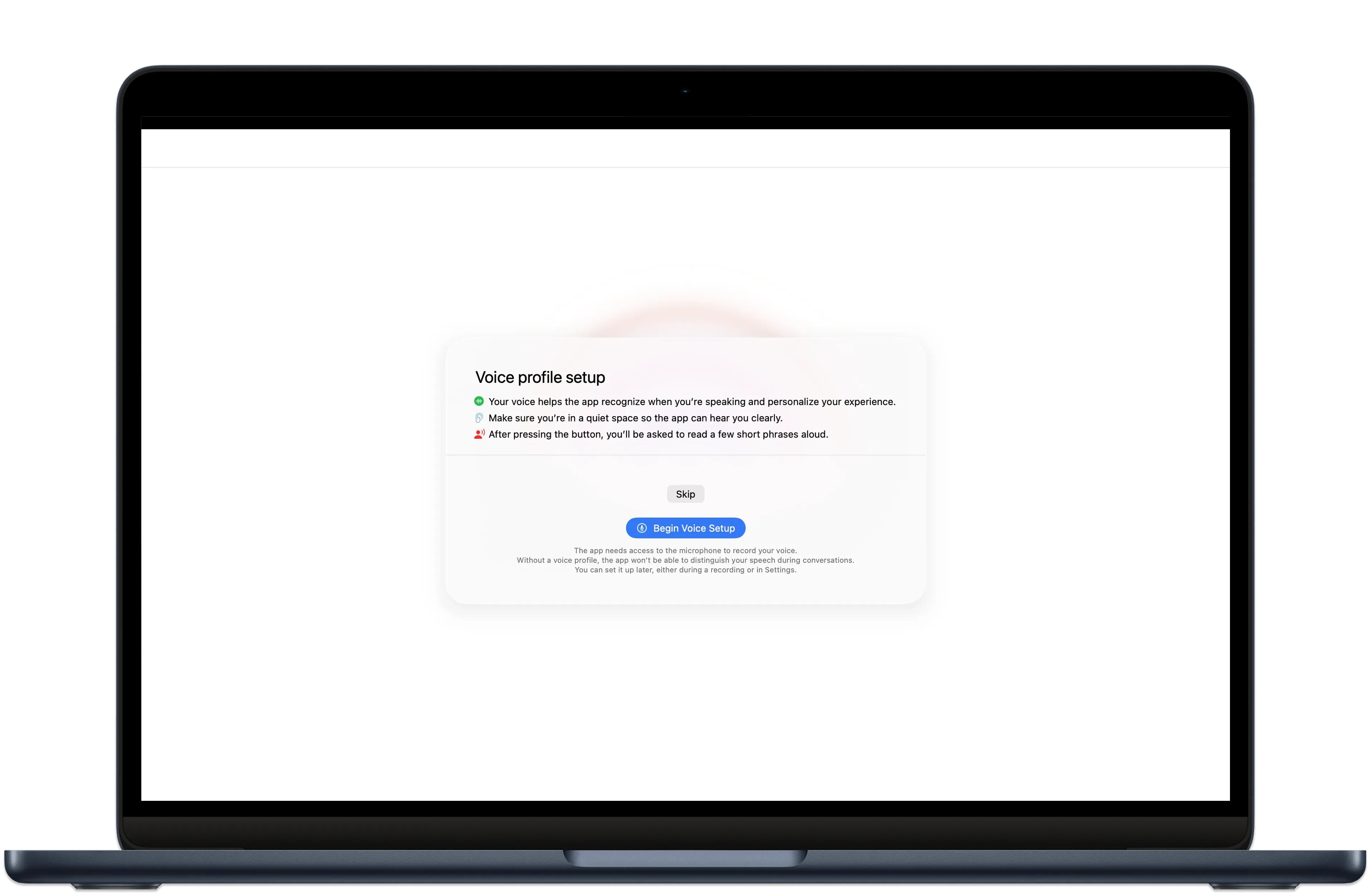 Voice profile setup screen