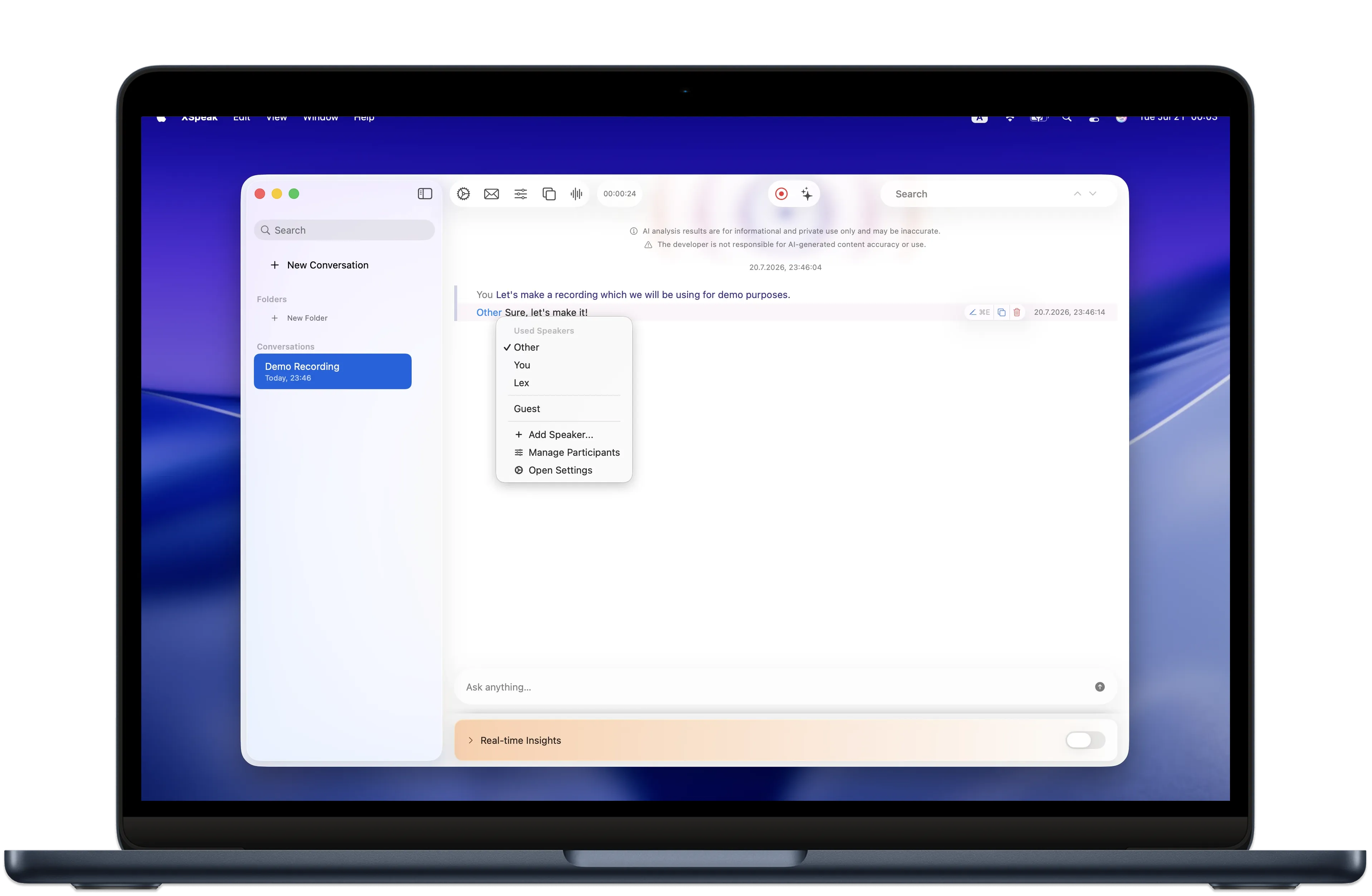 Speaker assignment popup