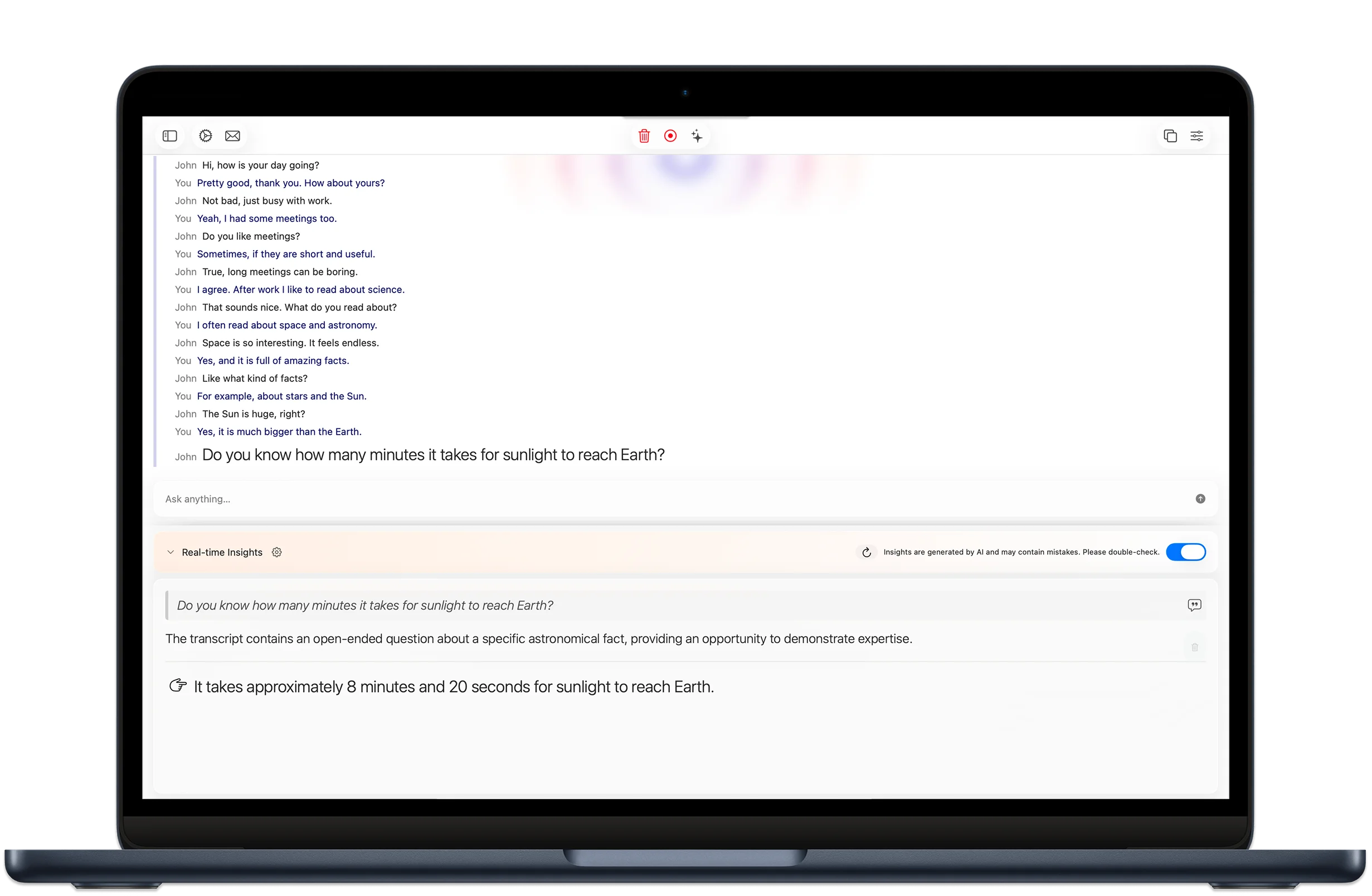 XSpeak on-device AI giving real-time suggestions during a meeting